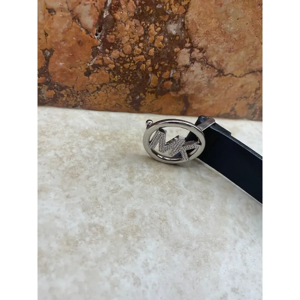Belt Michael Michael Kors L-XL MK Logo Black Leather Rhinestone Buckle 1” approx